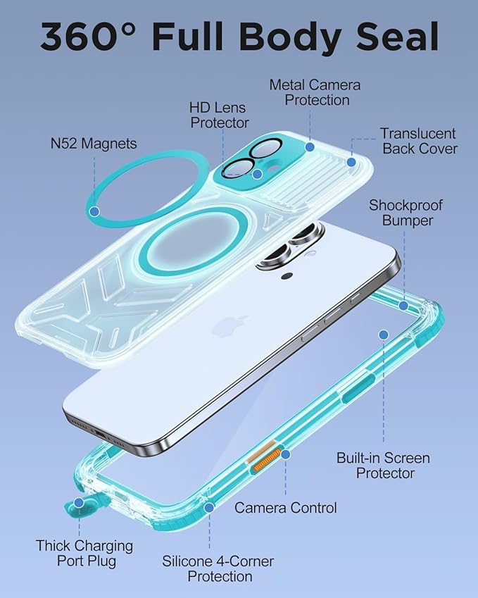 for iPhone 16 Waterproof Case with Magsafe, Built-in [Camera & Screen Protector] [Lanyard], IP68 Water Proof Full Body Dustproof Heavy Duty Frosted Protective Phone Cover, 6.1" Teal
