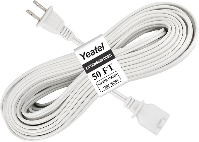 50FT White Extension Cord,2 Prong Extension Cords Indoor,16 Gauge SPT-2 Flat Power Cable,Lightweight Design for Yard, Garden,Lights,ETL Listed(13A 125V)