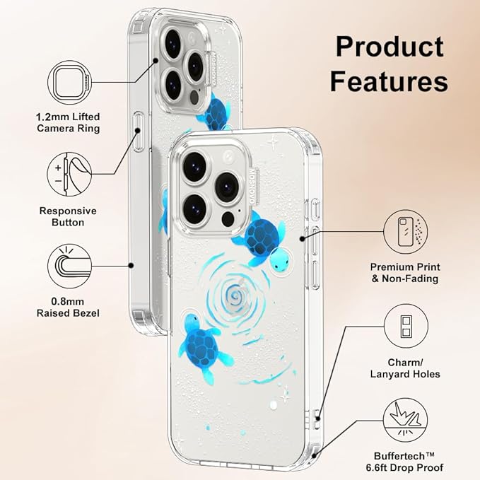 MOSNOVO Case for iPhone 15 Pro, [Buffertech 6.6ft Military-Grade Drop Protection] [Anti Peel Off Tech] Clear TPU Bumper Phone Case Cover Design - Space Turtle