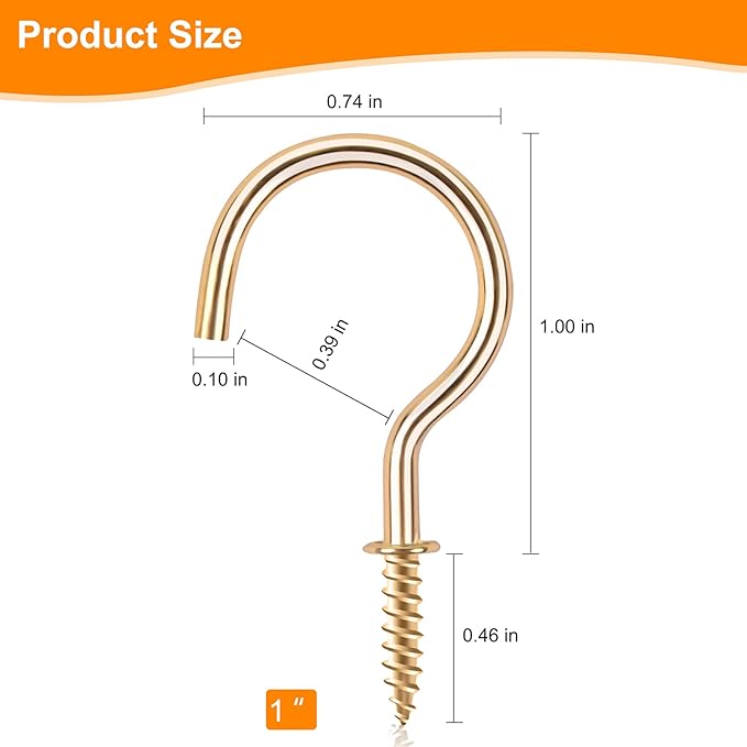 Cup Screw Hooks,100 Pack 1 inch Metal Screw in Ceiling Plant Hanger Wind Chimes Kitchen Cup Hooks Great for Hanging Indoor & Outdoor Use(Golden)