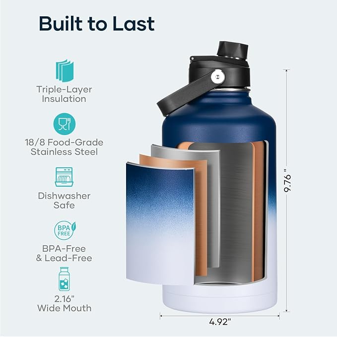 BUZIO Vacuum Insulated Stainless Steel Water Bottle 64oz (Cold for 48 Hrs/Hot for 24 Hrs) BPA Free Double Wall Travel Mug/Flask for Outdoor Sports Hiking, Cycling, Cam,Camping, Running, Tuxedo