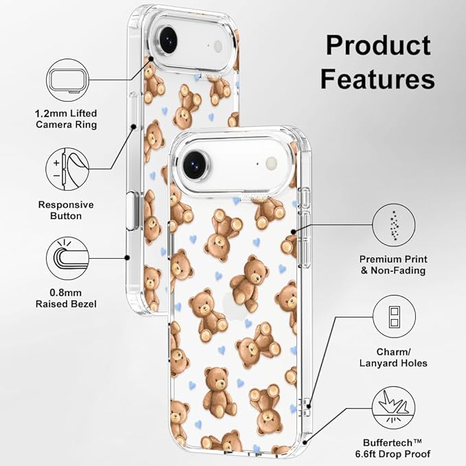 MOSNOVO for iPhone Air Case, Shockproof Military-Grade Protection 6.6ft Drop Tested, Camera Control, Clear Phone Case for iPhone 17 Air, Teddy Mood Design