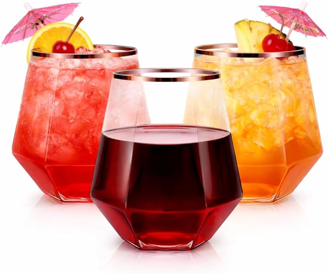 Oojami 40 Pack Diamond Stemless Plastic Wine Glasses Rose Gold Rim, 12 oz Disposable Shatterproof Cups - Unbreakable BPA-Free Recyclable for Weddings Parties Birthday Champagne Whiskey Cocktail