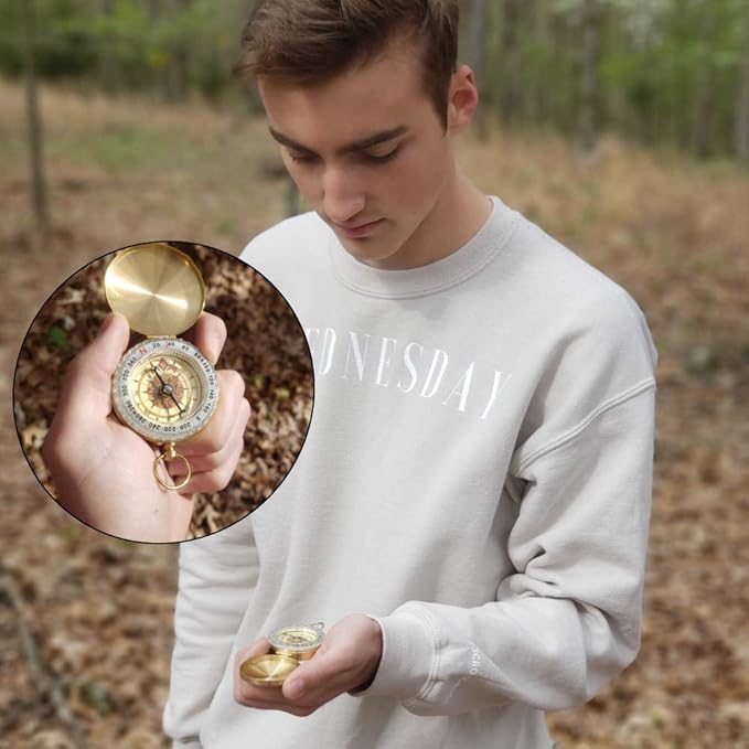 Brass Compass with Solid Brass Whistle - Survival Set - 105 Decibels - Carry in Pocket or on Necklace - Two Pieces