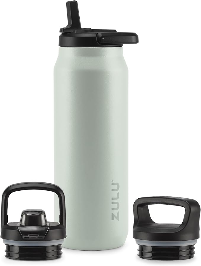 ZULU Base 40oz Stainless Steel Water Bottle with 3 Lids- Straw, Chug, Twist | Double Walled and Vacuum Insulated Metal Thermos | For Gym, Outdoor | Built in Carry Loop, Dishwasher Safe, Sage