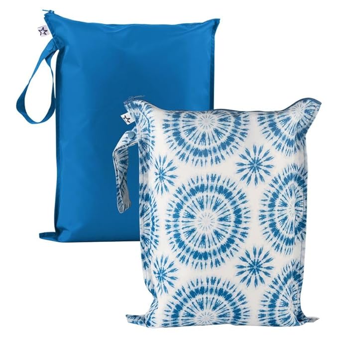 Tiny Twinkle Mess Proof Wet Bags | 2-Pack Reusable Waterproof Wet Bags for Swimsuits | Baby Clothes | Travel & Diaper Bag (Blue Tie Dye)