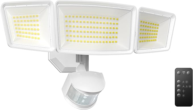 TECKNET 7500LM Motion Sensor Outdoor Lights, 150-LED 3-Head Security Light with Remote Control, 300°Wide Angle Flood Wall Lights with 4 Modes, IP66 Waterproof, Ideal for Garage, Patio, Yard