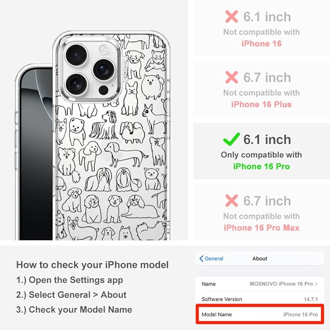 MOSNOVO Case for iPhone 16 Pro, [Buffertech 6.6ft Military-Grade Drop Protection] [Anti Peel Off Tech] Clear TPU Bumper Phone Case Cover Design - Doodle Dog