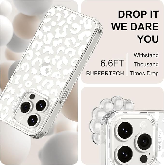 MOSNOVO Case for iPhone 15 Pro, [Buffertech 6.6ft Military-Grade Drop Protection] [Anti Peel Off Tech] Clear TPU Bumper Phone Case Cover Design - White Leopard Print