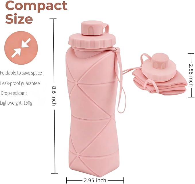 Collapsible Travel Water Bottle 20oz (600ml), BPA-Free, Foldable Silicone Lightweight Reusable Water bottle with Leak-Proof Lid & Lanyard, Portable for Travel Cycling Gym Camping (Pink)
