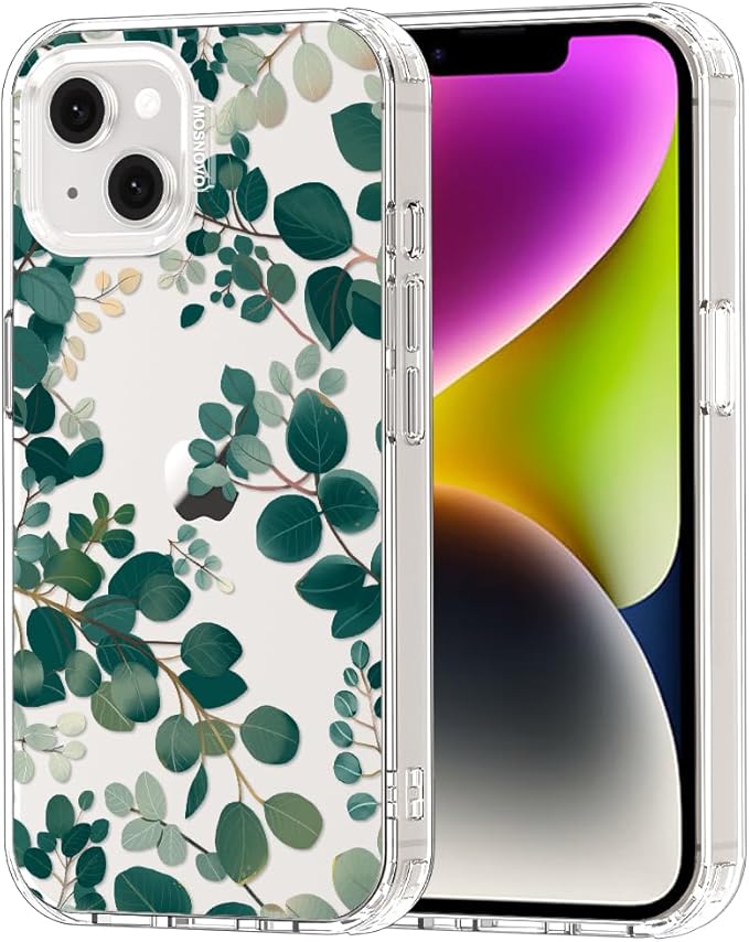 MOSNOVO for iPhone 13/14 Case | Military Grade 6.6ft Drop Tested | Clear with Eucalyptus Design