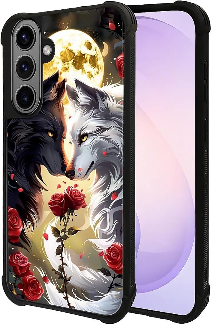 for Samsung Galaxy S26 Plus Case,Graphic Design for Girl Boy Soft Silicone Hard Acrylic Shock Protection Designed for Samsung Galaxy S26 Plus Black White Wolf Moon Flower Rose Pattern