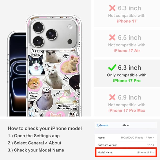 MOSNOVO for iPhone 17 Pro Case | Military Grade 6.6ft Drop Tested | Camera Control | Clear with The Cat Brigade Design