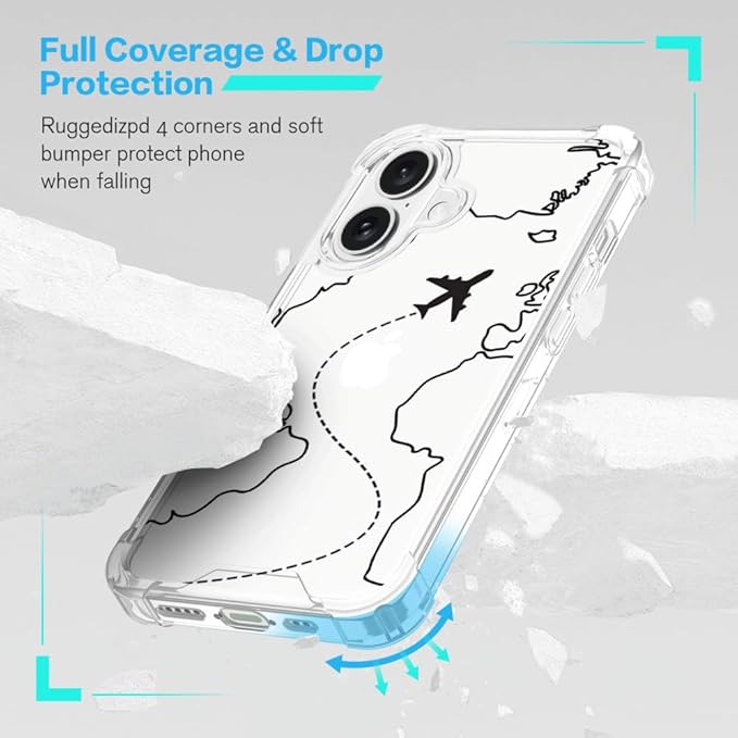 FANXI Minimalist Airplane Travel Map Phone Case Compatible with iPhone 16 (6.1 Inch) - Shockproof Clear Soft TPU Protective Cover with Airplane Design for Women Men and Girls