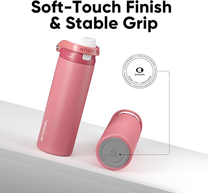 ENCOOL Leakproof Insulated Water Bottle with Straw Dual-Sip Water Bottle Bag-Safe Design for Work, Commute & Gym – Keeps Drinks Cold All Day, 24 oz, Vermilion