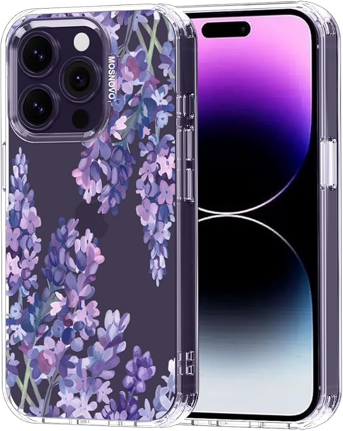 MOSNOVO Case for iPhone 14 Pro, [Buffertech 6.6ft Military-Grade Drop Protection] [Anti Peel Off Tech] Clear TPU Bumper Phone Case Cover Design - Lavender