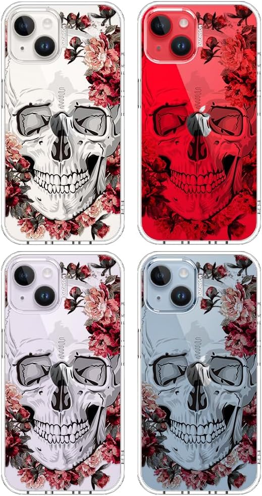 MOSNOVO for iPhone 13/14 Case | Military Grade 6.6ft Drop Tested | Clear with Red Flower Skull Design