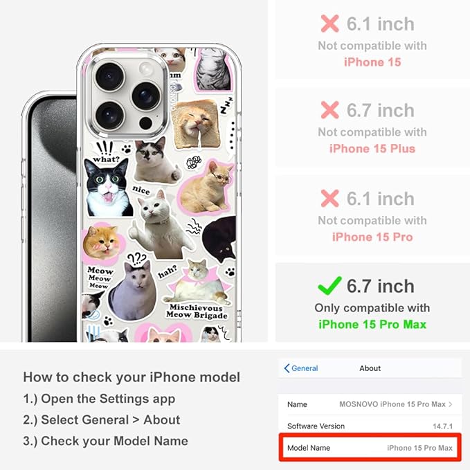 MOSNOVO Case for iPhone 15 Pro Max, [Buffertech 6.6ft Military-Grade Drop Protection] [Anti Peel Off Tech] Clear TPU Bumper Phone Case Cover Design - The Cat Brigade