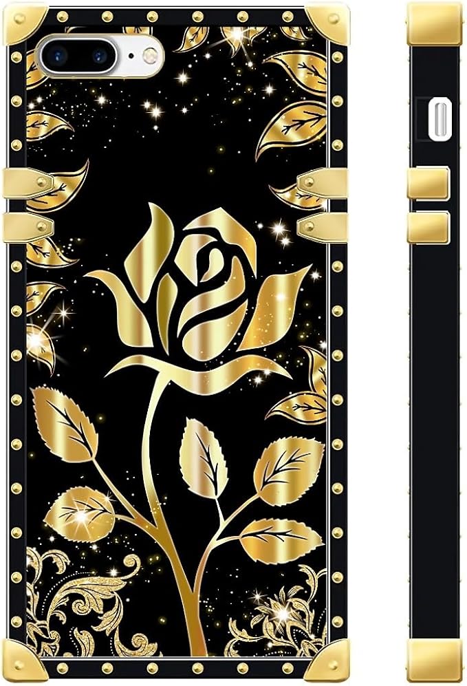 Compatible with iPhone 8 7 SE Case, Shine Gold Rose Luxury Golden Decoration for Girl Women Soft TPU Shockproof Protective Hard PC Back for iPhone 8 7 SE