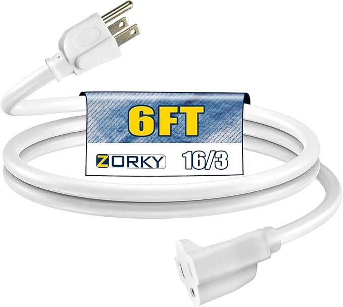 6ft Outdoor Extension Cord for Christmas Decorations - 16/3 Heavy Duty SJTW Waterproof White Electrical Cable with 3 Prong Grounded Plug for Safety, Great for Lawn and Major Appliances