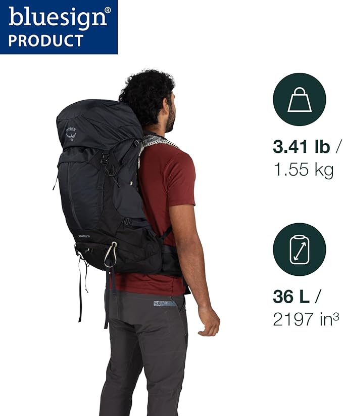 Osprey Stratos 36L Men's Hiking Backpack - Lightweight Backpacking Pack with Waterproof Raincover - Camping Bag, Raven Black
