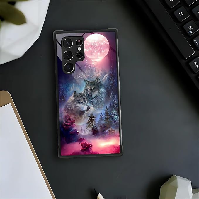 for Samsung Galaxy S22 Ultra Case, Star Two Wolfs Howling Pattern Graphic Design Girl Boy Soft Silicone Hard Acrylic Shock Protection for Samsung Galaxy S22 Ultra