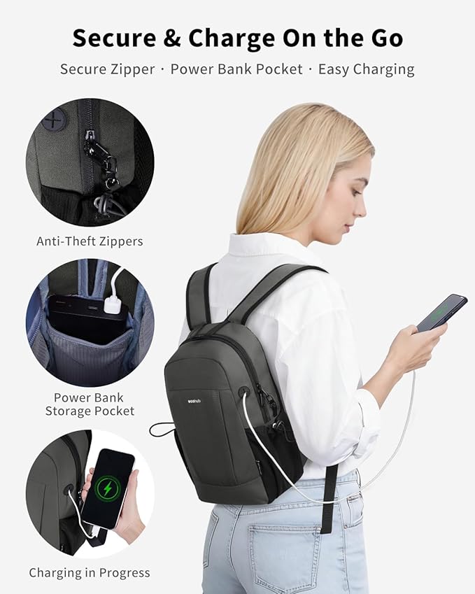 ECOHUB Mini Anti-Theft RFID Backpack for Women and Men, Water-Resistant, Lightweight Travel Daypack with iPad Sleeve, Key Holder, 9 Pockets, Daily Short Trips, Grey