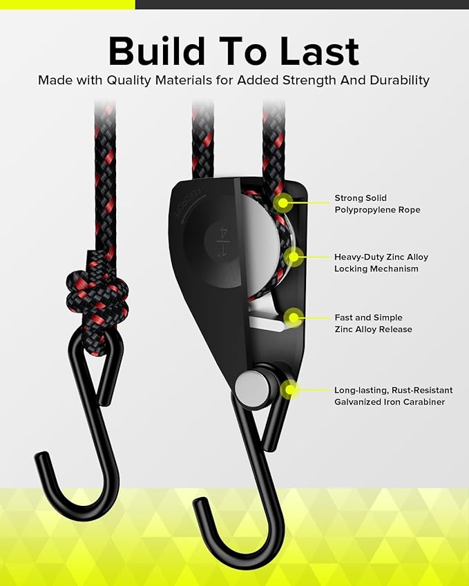 1/4" Ratchet Tie Down Straps, 4-Pack 12ft Adjustable Rope Hanger, Heavy Duty Kayak Pulley System with Hooks for Kayak Accessories, Hiking, Camping, Boating & Water Activities