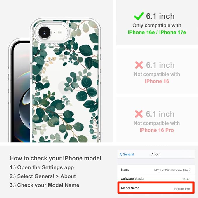 MOSNOVO for iPhone 17e Case/iPhone 16e Case, Shockproof Military-Grade Protection 6.6ft Drop Tested, Clear Phone Case for iPhone 16e / iPhone 17e, Eucalyptus Design