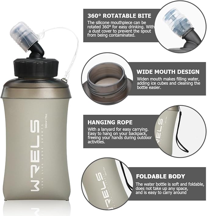 WRELS 350ml/500ml TPU Soft Water Bottles BPA Free Collapsible Soft Flask with Widen Mouth for Running Vest Lightweight Foldable Water Bottle for Running Marathon Trail Hiking