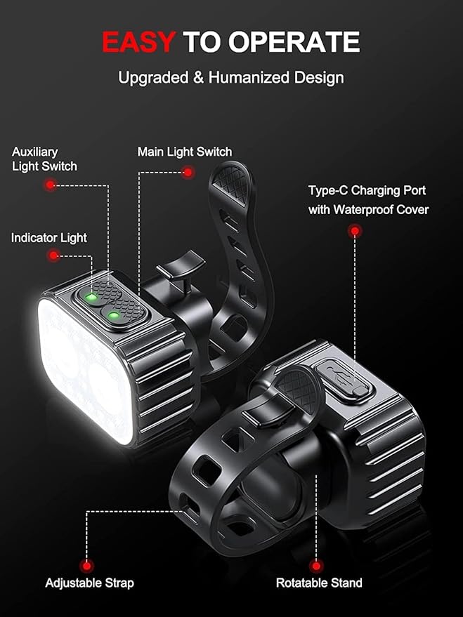 Cuvccn Bike Lights Super Bright, Rechargeable Bicycle Lights Set Multiple Modes, Waterproof Bike Lights for Night Riding/Cycling Safety, Front and Back Bike Reflectors Light, Long Battery Life