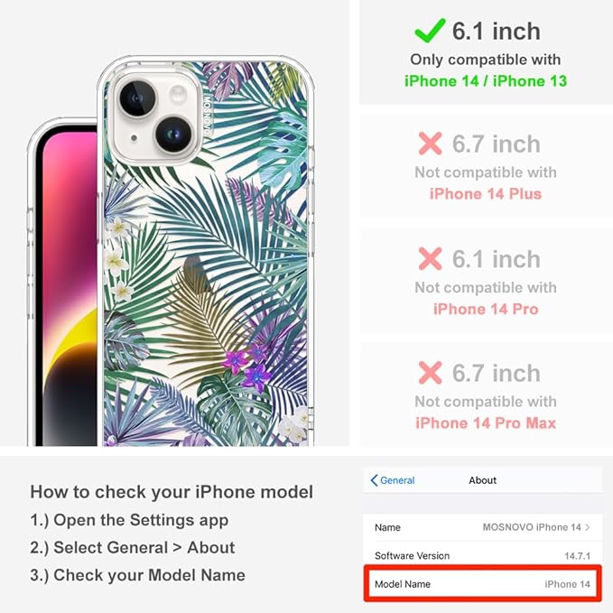 MOSNOVO for iPhone 13/14 Case | Military Grade 6.6ft Drop Tested | Clear with Tropical Rainforests Design