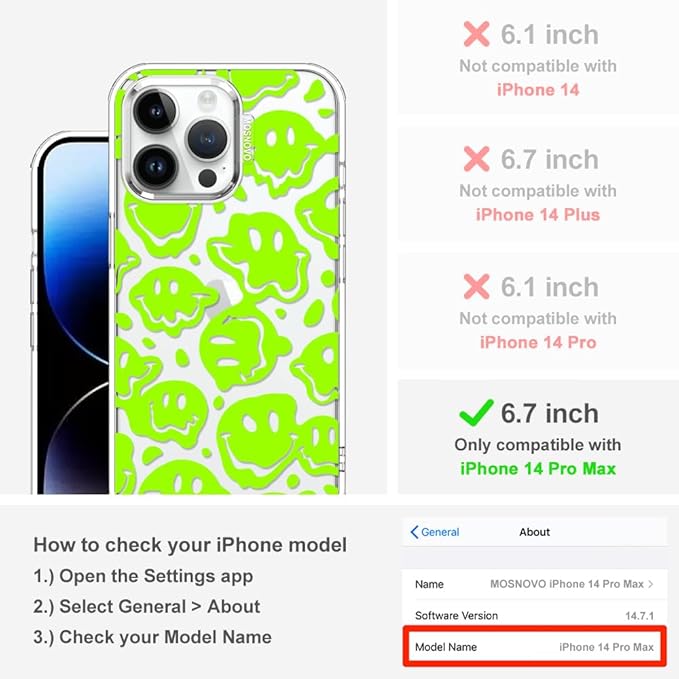 MOSNOVO Case for iPhone 14 Pro Max, [Buffertech 6.6ft Military-Grade Drop Protection] [Anti Peel Off Tech] Clear TPU Bumper Phone Case Cover Design - Distorted Green Smiles Face