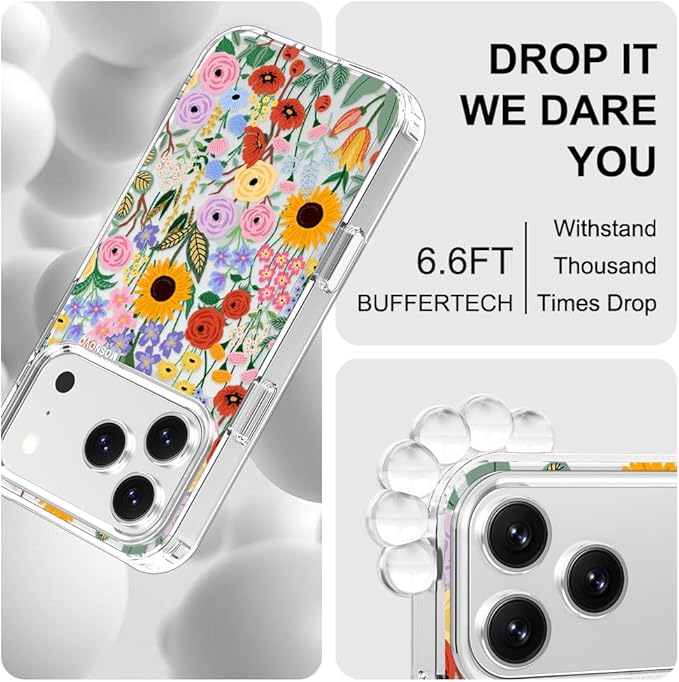MOSNOVO for iPhone 17 Pro Case | Military Grade 6.6ft Drop Tested | Camera Control | Clear with Blossom & Bloom Design