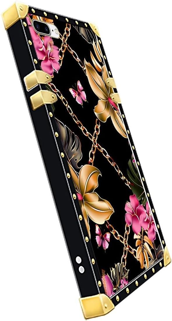Compatible with iPhone 8 Plus 7 Plus Case, Pink Golden Chain Tropical Flower Luxury Golden Decoration for Girl Women Soft TPU Shockproof Protective Hard PC Back