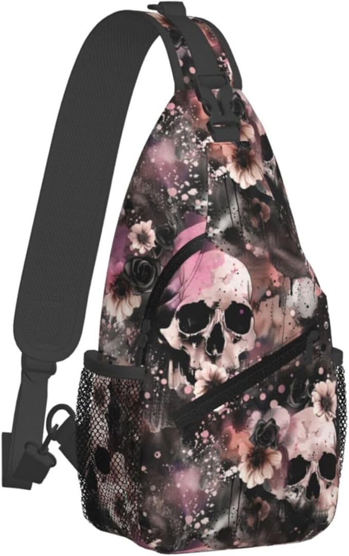 Flowers And Skulls Sling Bag For Women Men Halloween Backpack Crossbody Skull Shoulder Bag Sling Backpack Chest Bag Travel Hiking Casual Sport Daypack