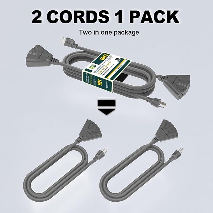 EP 2 Pack 10 Ft Outdoor Extension Cord with 3 Electrical Power Outlets - 16/3 SJTW Grey Cable with 3 Prong Grounded Plug for Safety Great for Christmas Lights, Garden and Major Appliances