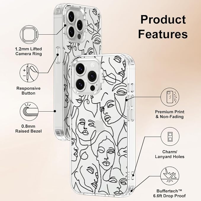 MOSNOVO Case for iPhone 13 Pro Max, [Buffertech 6.6ft Military-Grade Drop Protection] [Anti Peel Off Tech] Clear TPU Bumper Phone Case Cover Design - Abstract Face Line Art