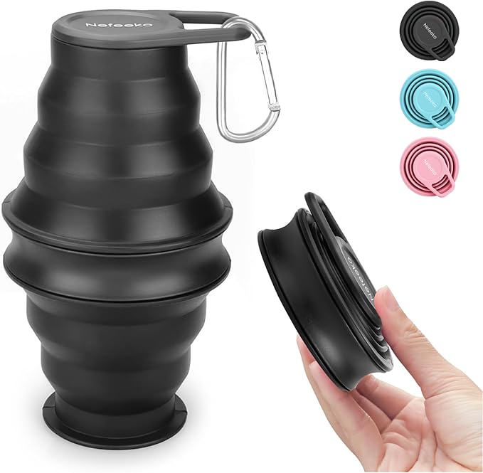 Nefeeko Collapsible Water Bottle,17oz(500ml) Reuseable BPA Free Silicone Foldable Water Bottles for Travel Gym Camping Hiking, Portable Leak Proof Sports Water Bottle with Carabiner