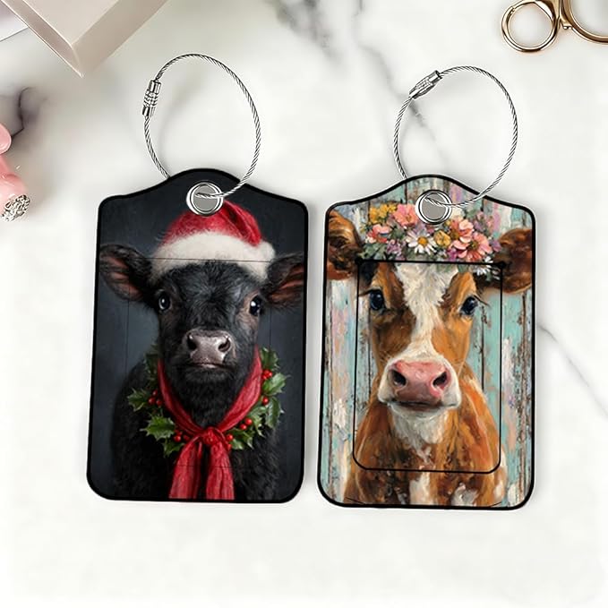 2 Pack Cute Cow Luggage Tags, Floral Cattle & Highland Cow ID Tags with Privacy Cover, PU Leather Bag Identifiers, Spring & Summer Vacation Essentials, Mother's Day