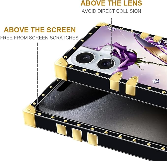 Compatible with iPhone 16 Case, High Heeled Purple Diamond Rose Luxury Golden Decoration for Girl Women Soft TPU Shockproof Protective Hard PC Back for iPhone 16