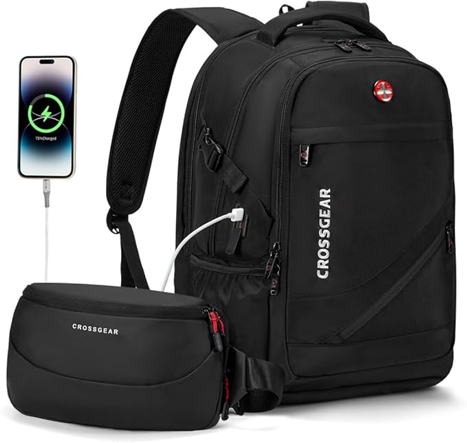 CROSSGEAR Travel Laptop Backpack + Crossbody Sling Bag Set, Fits 14-17.3" Laptop Computer, Anti Theft Lock, Charging Port, Multi-pocket, 25L Waterproof Work Business Backpack for Men Women, Black