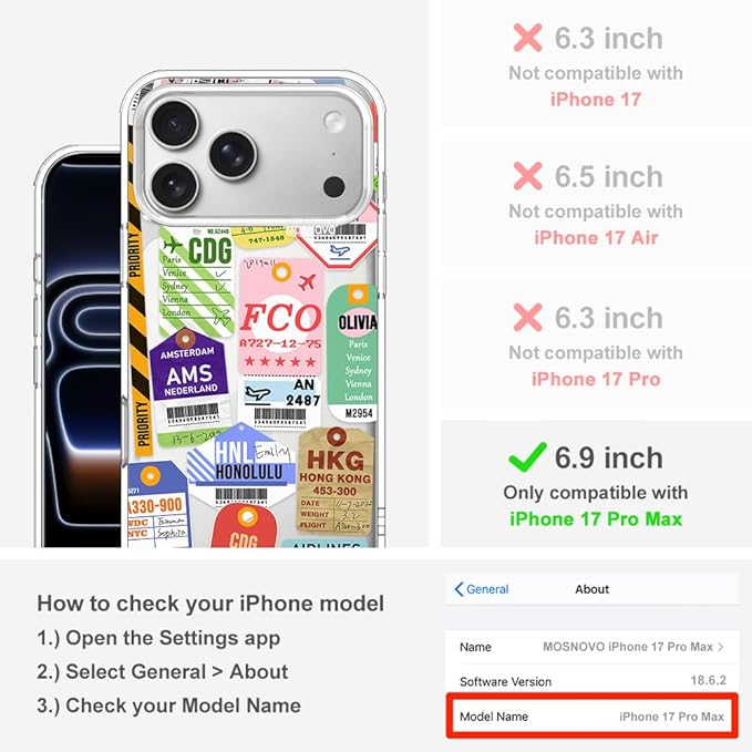 MOSNOVO for iPhone 17 Pro Max Case | Military Grade 6.6ft Drop Tested | Camera Control | Clear with Air Ticket Labels Design