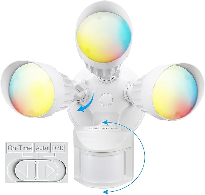 LEONLITE 3CCT LED Security Light Motion Sensor, Aluminum Flood Lights Outdoor, 3 Modes Motion Detector+Dusk to Dawn+Switch Control, 3000K/4000K/5000K Selectable, IP65, Adjustable 3-Head, ETL, White