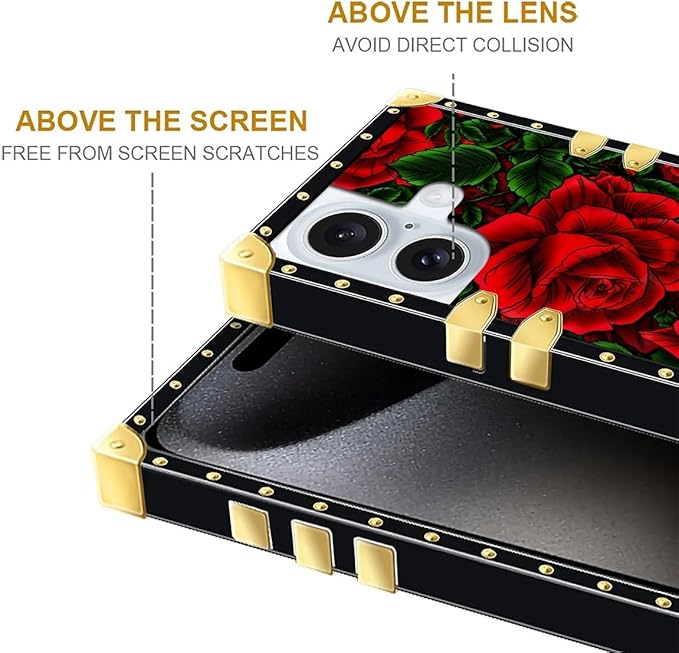 Compatible with iPhone 16 Case, Vector Red Rose Green Leaf Luxury Golden Decoration for Girl Women Soft TPU Shockproof Protective Hard PC Back