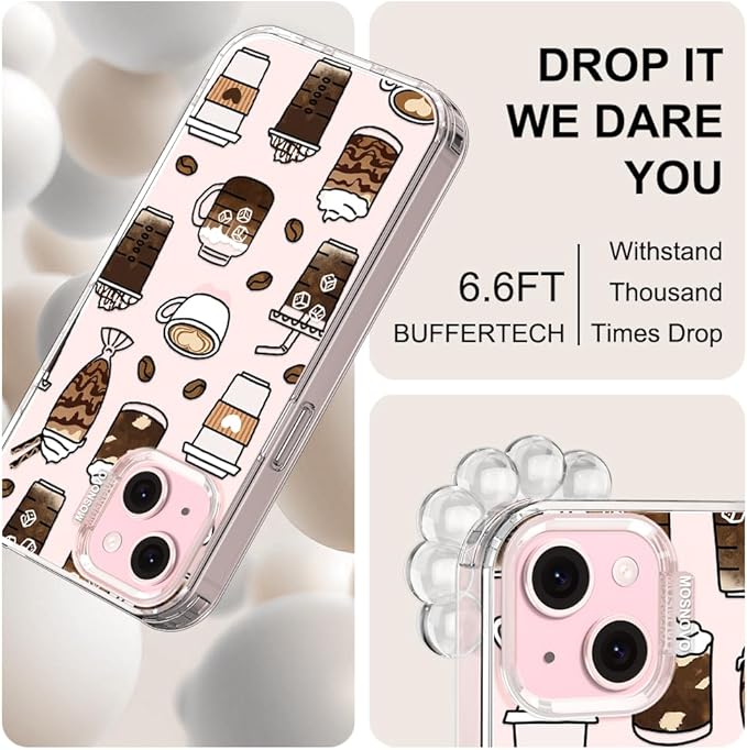MOSNOVO Case for iPhone 15, [Buffertech 6.6ft Military-Grade Drop Protection] [Anti Peel Off Tech] Clear TPU Bumper Phone Case Cover Design - Coffee