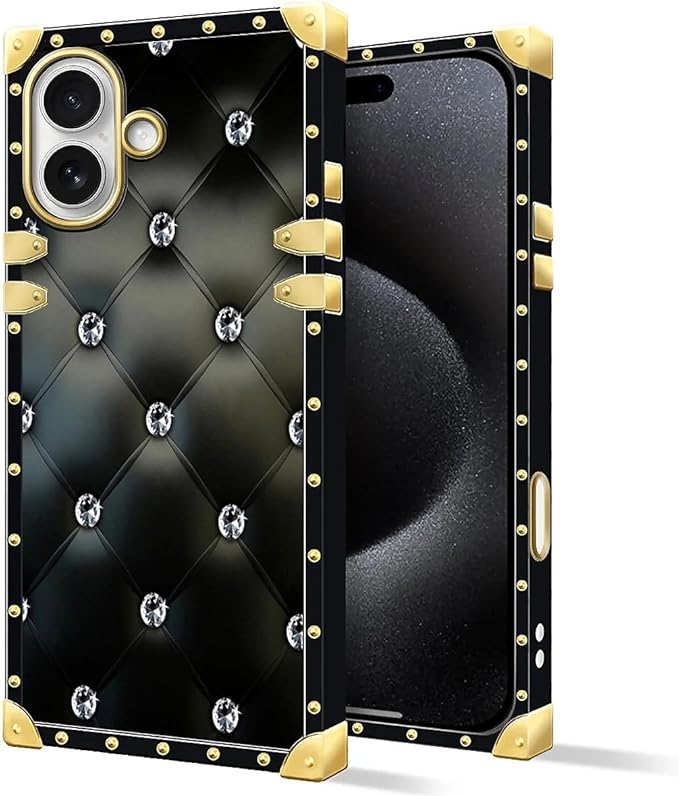 for iPhone 17 Case Luxury Golden Decoration for Girl Women Soft TPU Shockproof Protective Hard PC Back for iPhone 17 Crazy Pattern Shiny Black Sofa Crystal