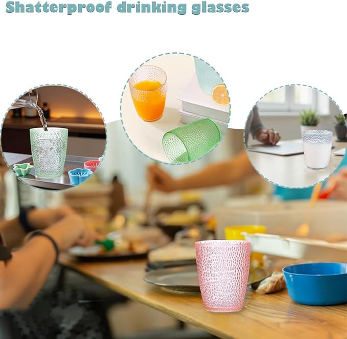 4 PCS Colored Plastic Drinking Glasses, Reusable Acrylic Drinking Cups, Stackable Juice Glasses Drinkware, Unbreakable Water Tumblers, BPA Free, Dishwasher Safe, 290 ML/10 OZ (4 Colors)