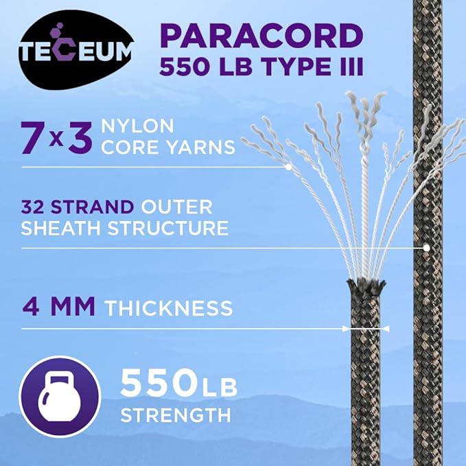 TECEUM Reflective Paracord Rope 1000 – 1000ft/200ft/100ft/50ft – 40+ Colors – Glow in The Dark – para Cord – Utility Rope for Survival, Hunting & Camping Gear – Nylon String, Camping Rope, Tent Cord