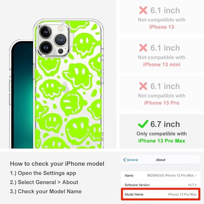 MOSNOVO Case for iPhone 13 Pro Max, [Buffertech 6.6ft Military-Grade Drop Protection] [Anti Peel Off Tech] Clear TPU Bumper Phone Case Cover Design - Distorted Green Smiles Face